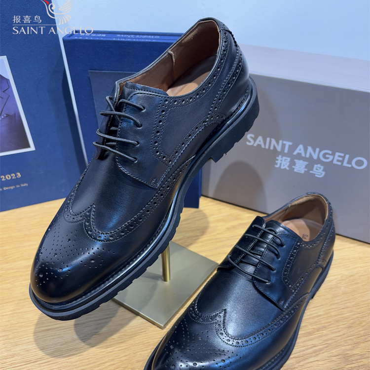 报喜鸟黑色商务绅士布洛克鞋