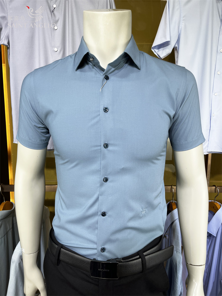 报喜鸟蓝色韩版商务休闲粘纤吸湿透气亲肤男士夏青年修身短袖衬衫