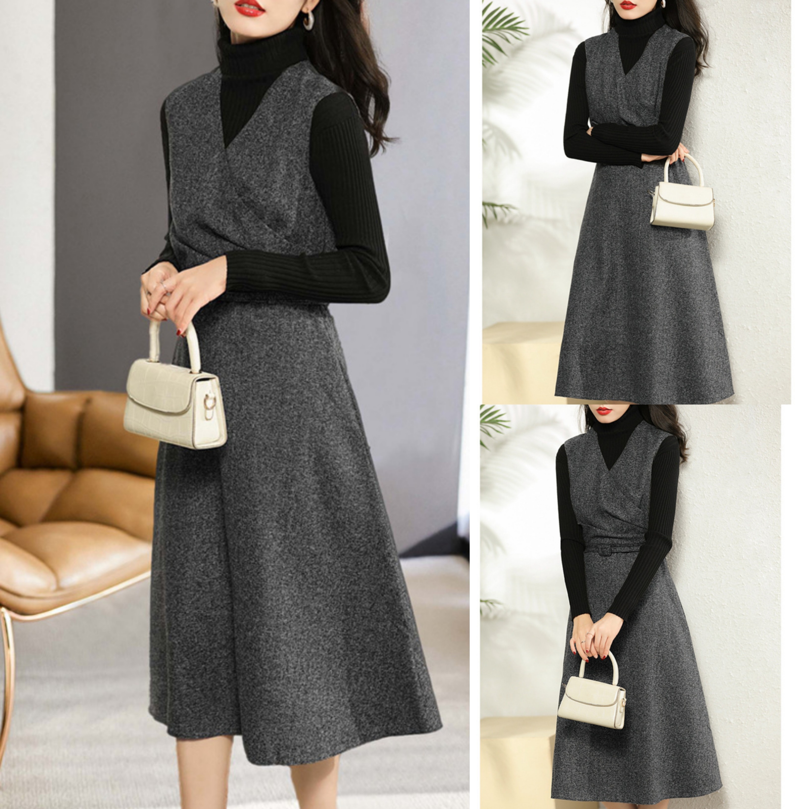 气质高级感V领无袖连衣裙2023年秋冬新款中长款大裙摆收腰背心裙