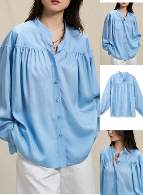 时尚女装2025春季新款女士醋酸绸抽褶立领衬衫宽松显瘦蓝色上衣