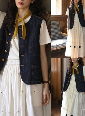 2025夏季新款日系复古深蓝色撞色文艺圆领明线设计感牛仔马甲女