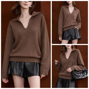 海军领简约丝光羊毛针织衫女2026早春新款懒惰风宽松显瘦棕色上衣