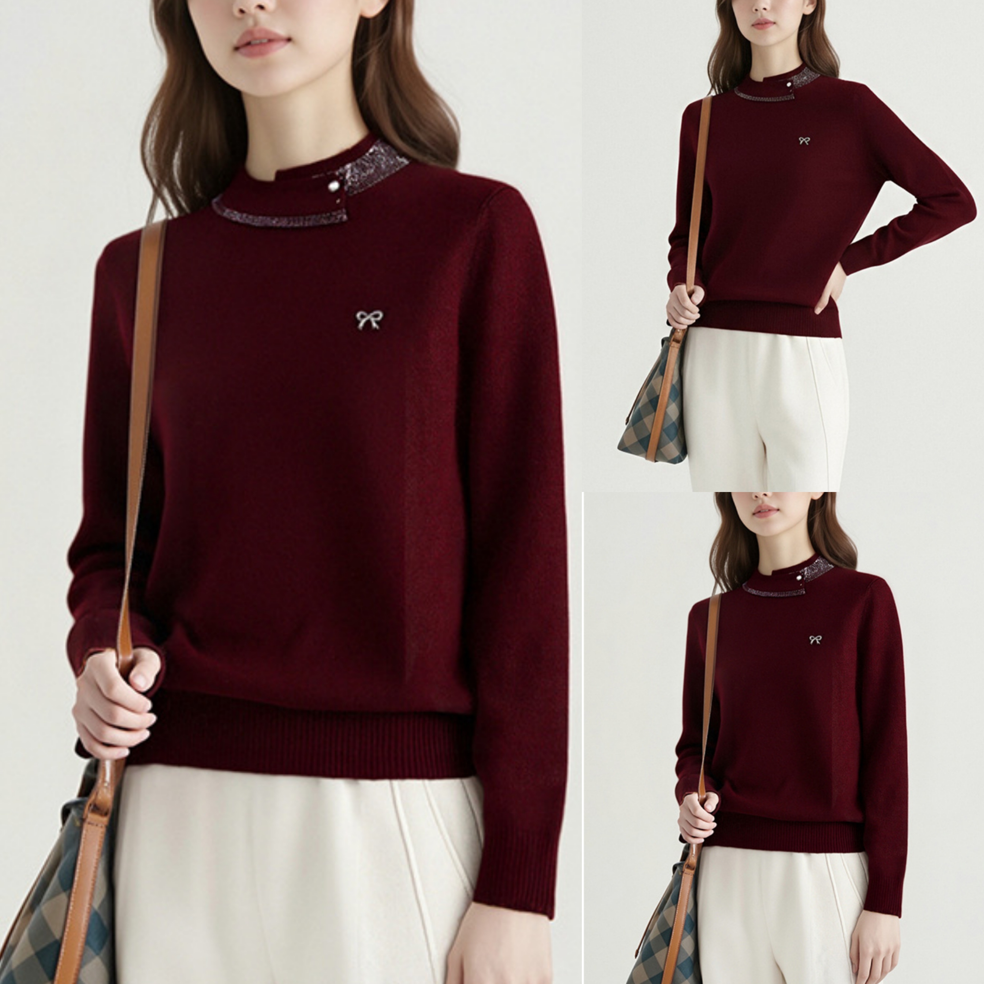 高端轻奢洋气百搭暗红色针织衫女2025秋冬新款套头显瘦羊毛呢上衣