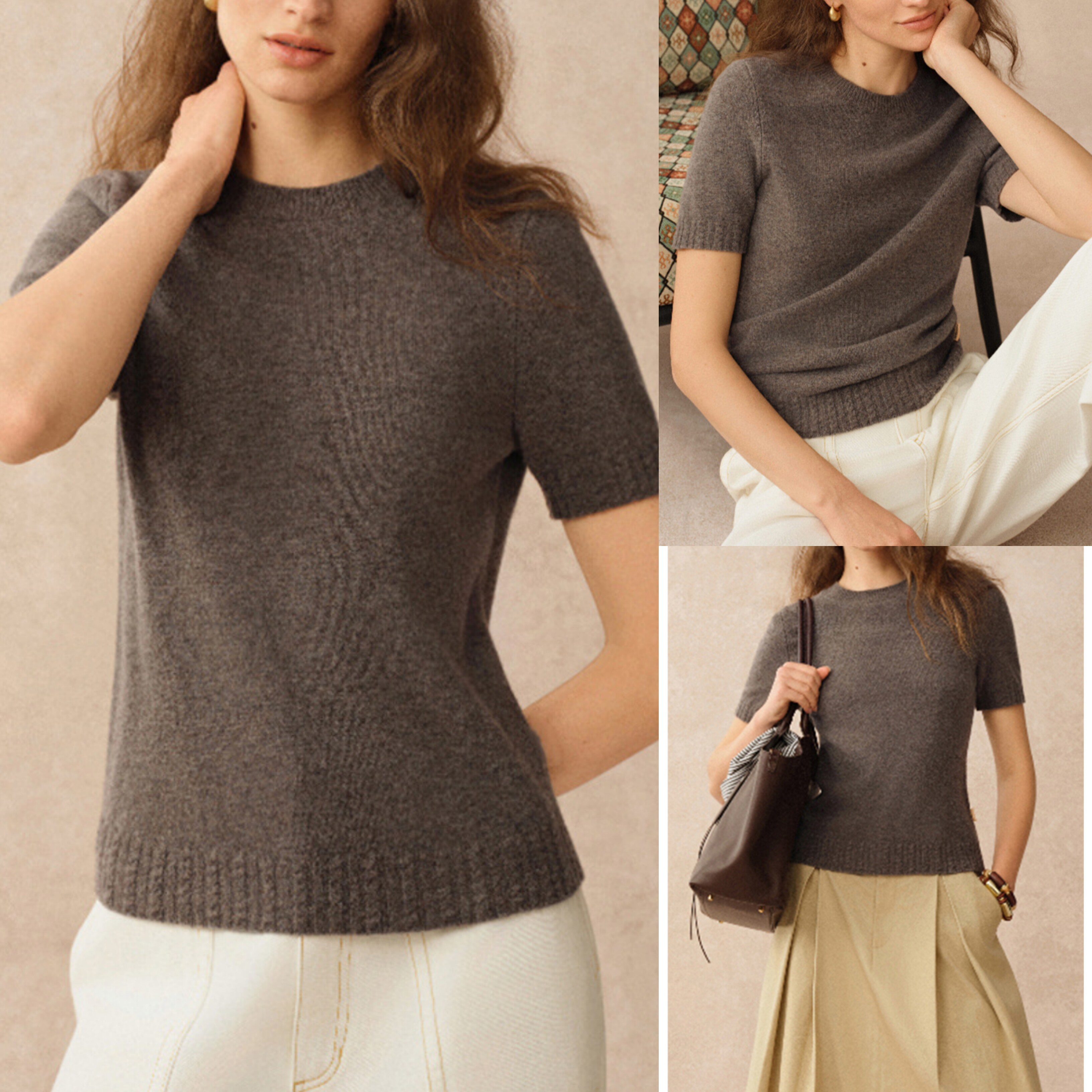 【FR定单】高级感羊毛圆领短袖针织衫2025年夏新品宽松显瘦上衣女