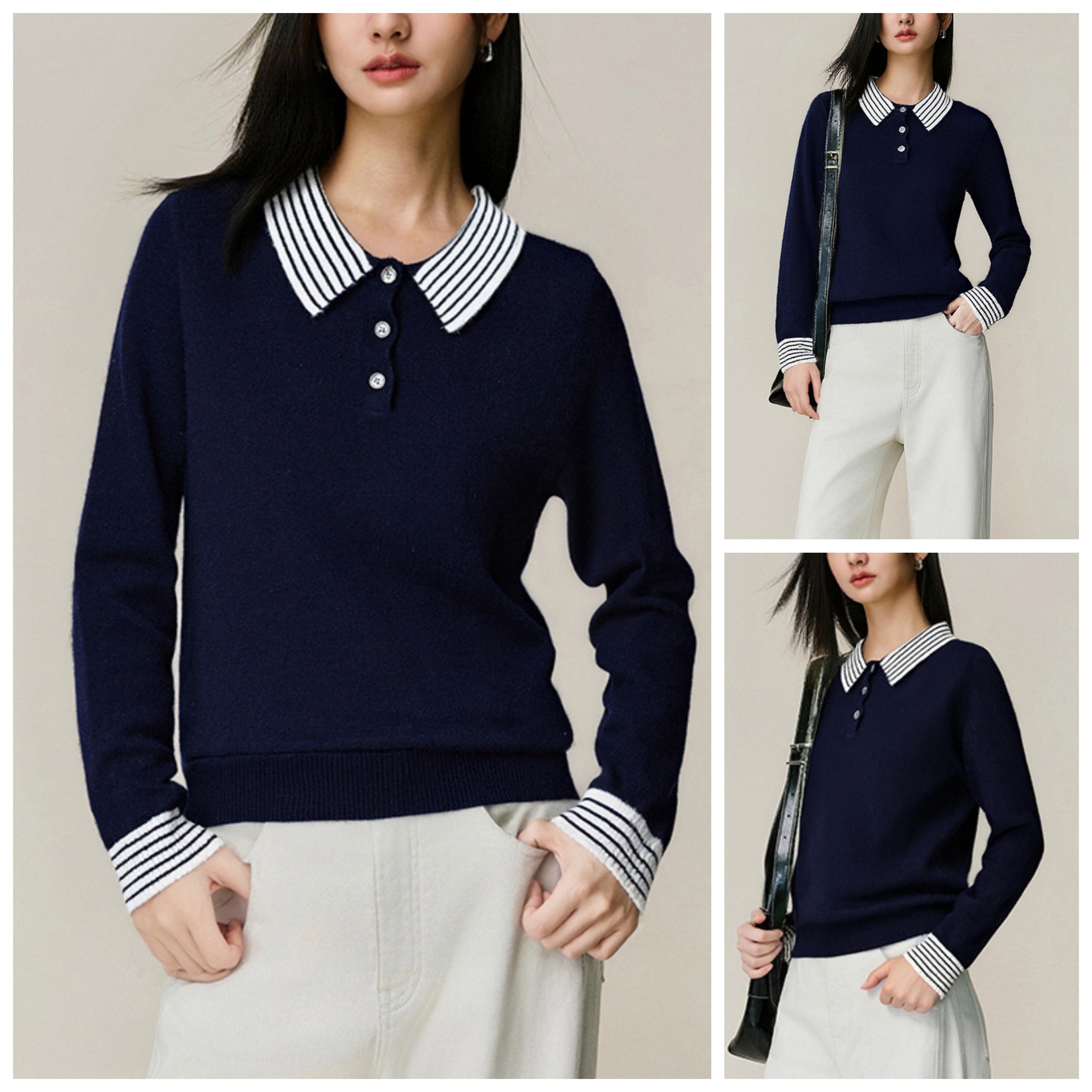 简约休闲条纹翻领长袖针织衫女2025秋冬新款设计感小众绵羊毛上衣