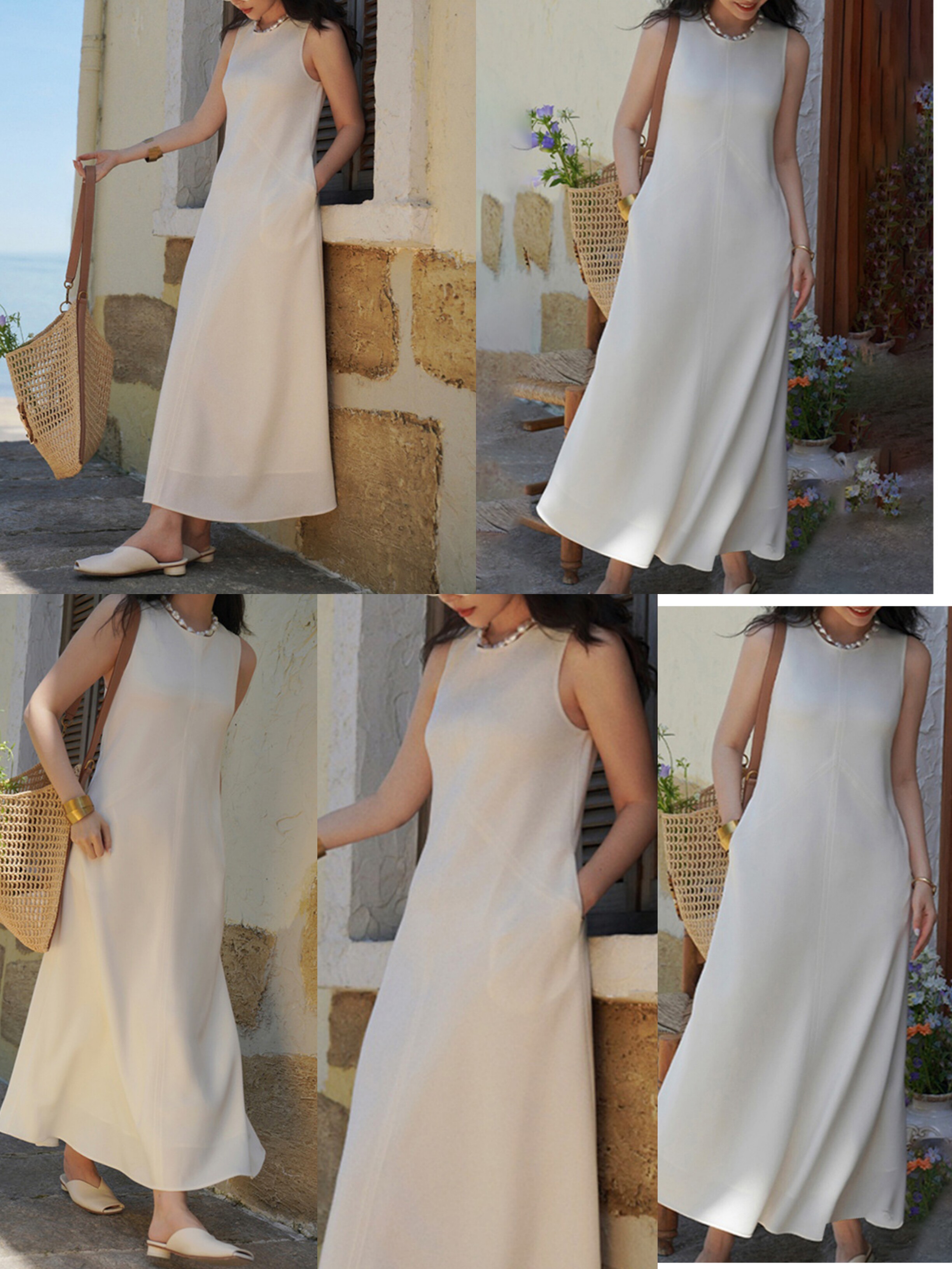 立裁收腰简约无袖背心长款连衣裙2025早春新款白色裙子