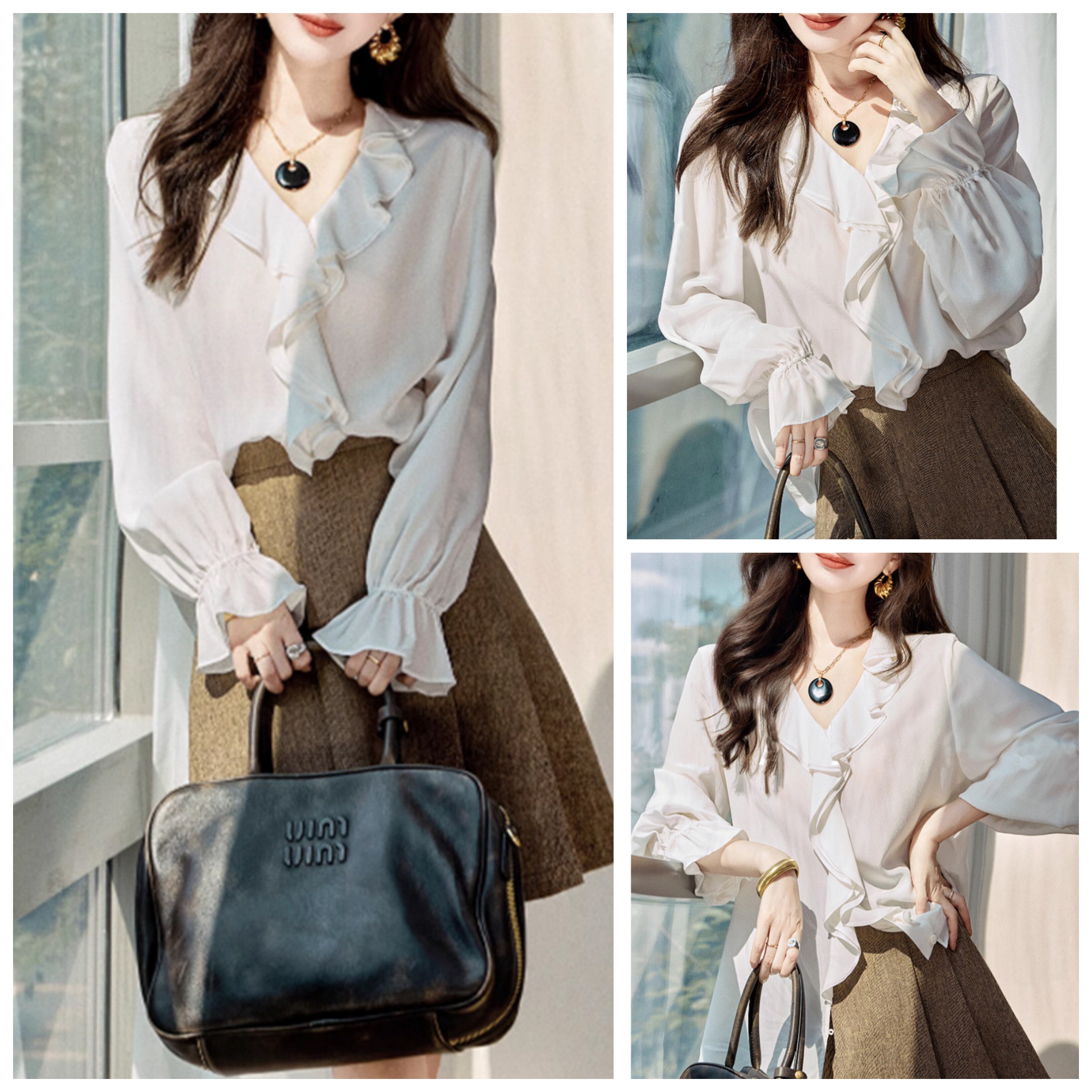 设计感荷叶边v领长袖白色衬衫女秋季2025新款炸街气质小个子上衣