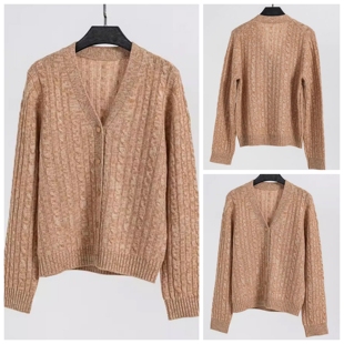 2025秋冬新款v领浅棕色针织开衫女重磅高级感麻花羊毛山羊绒上衣