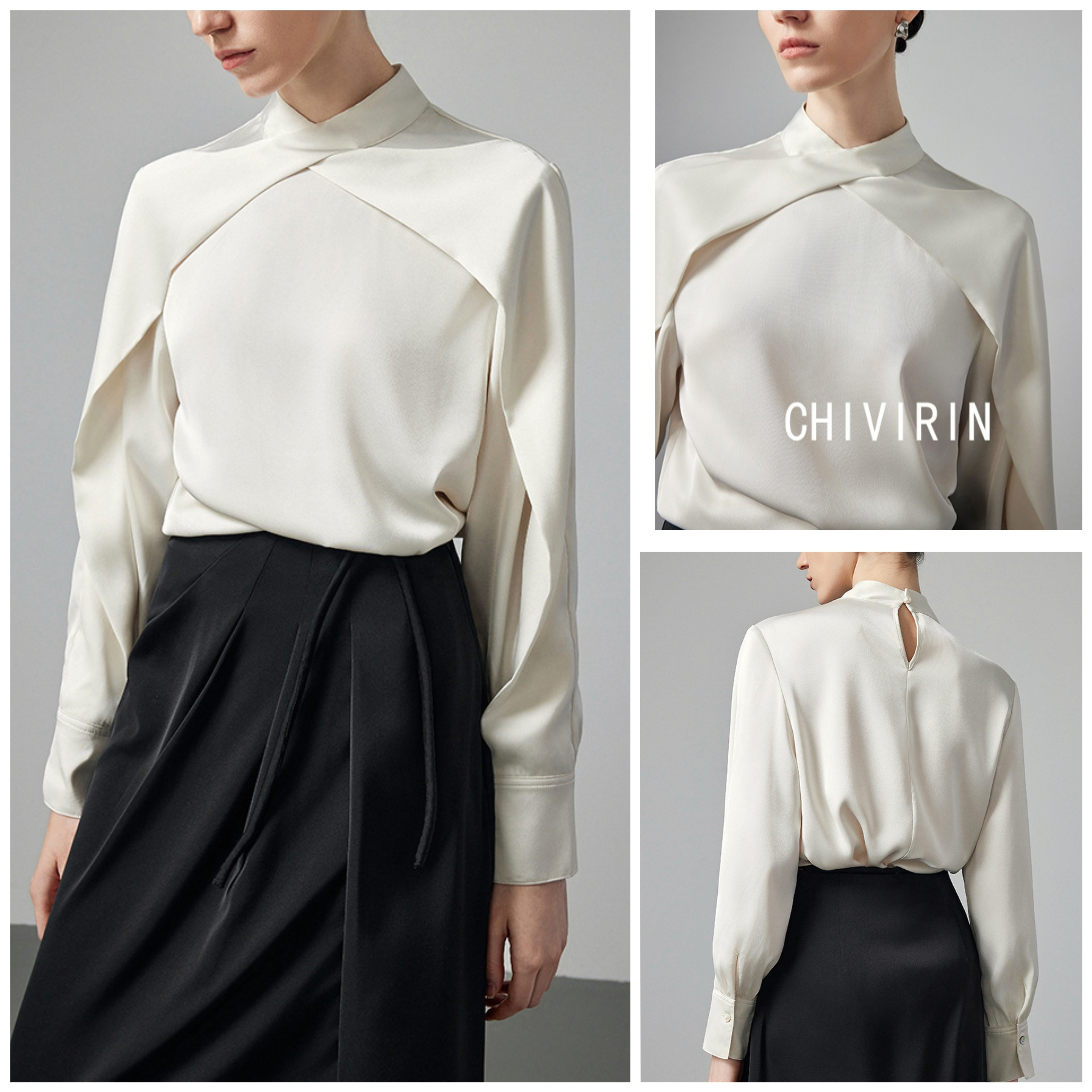 设计感小众法式立领长袖米白衬衫女2026早春新款轻熟风高级感衬衣