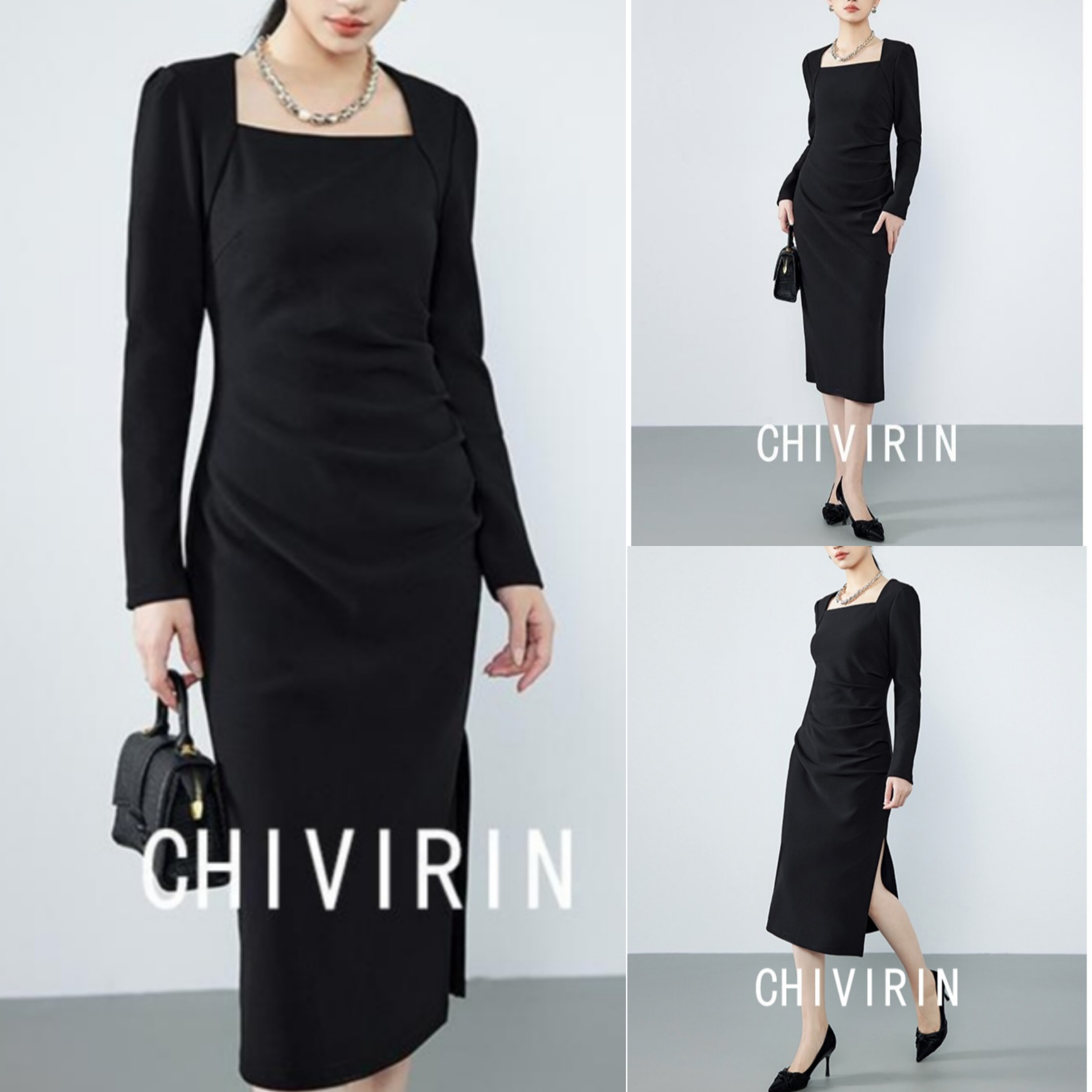 设计感方领长袖包臀连衣裙女2025夏季新款赫本高级感开叉小黑裙子