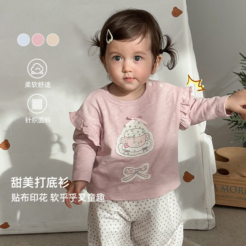 女童纯棉贴布打底衫可爱飞袖T恤