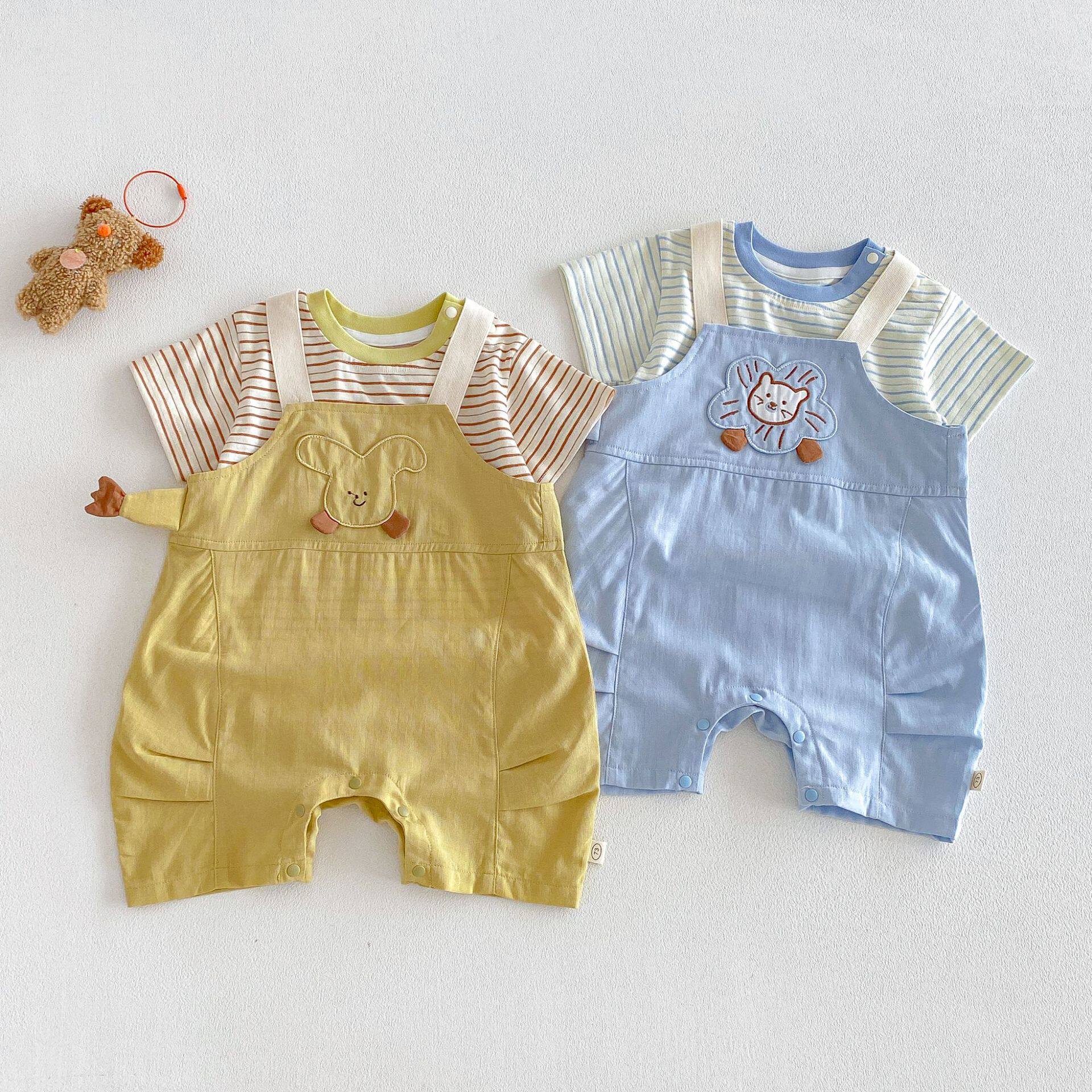 宝宝纯棉连体裤2026新款夏季男童贴布卡通背带裤小童透气宽松短裤