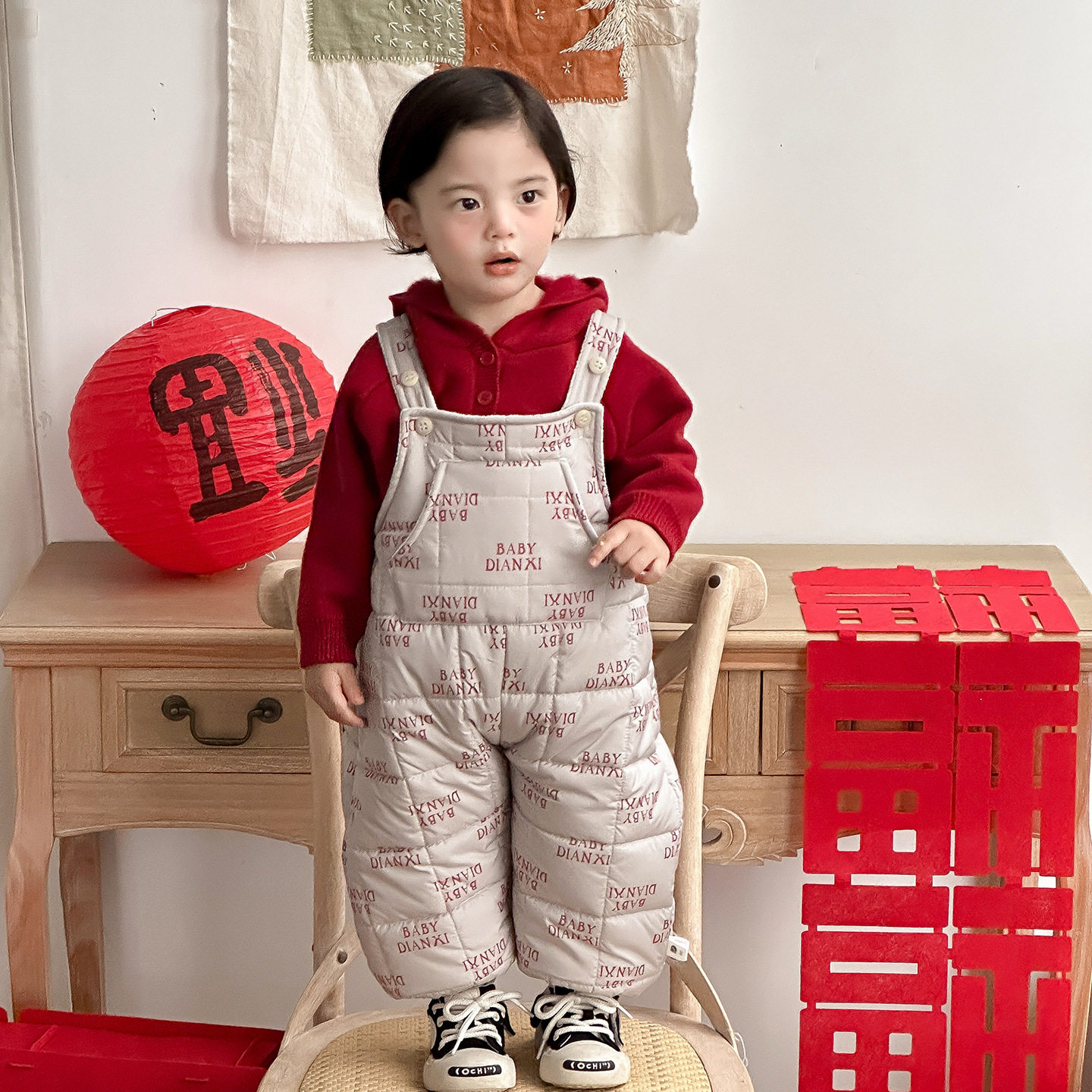 儿童加绒加厚字母背带裤冬季男童夹棉保暖长裤宝宝外出防风棉裤潮