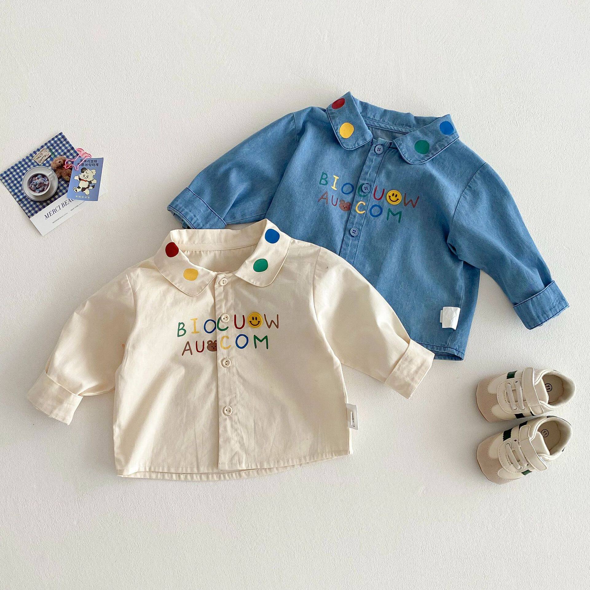 儿童纯棉韩版衬衫2025春秋新款男童字母笑脸牛仔衬衣宝宝春装上衣