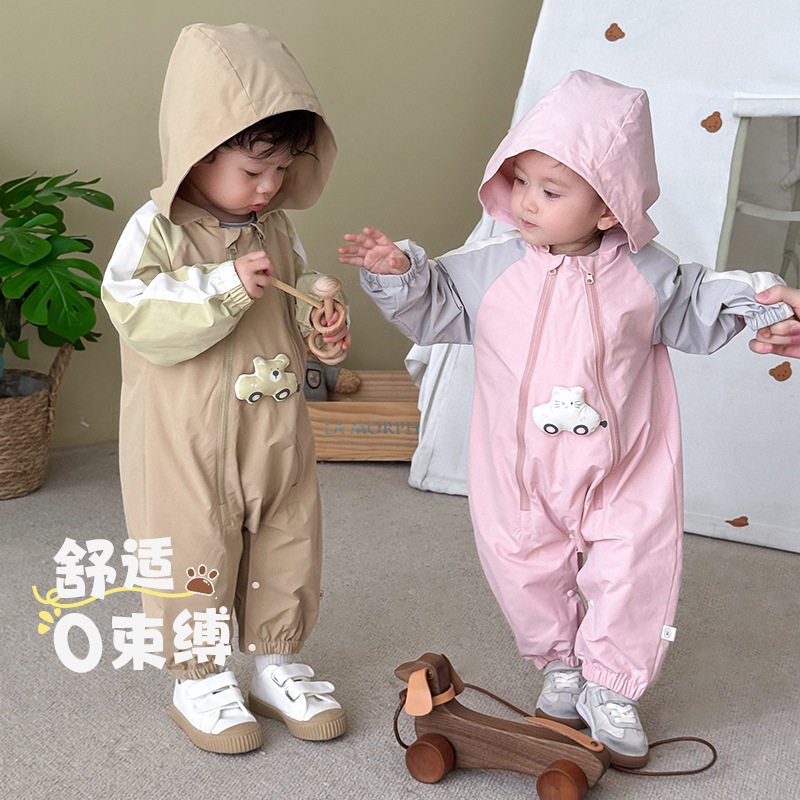 婴儿拼色连体衣外出双拉链风衣
