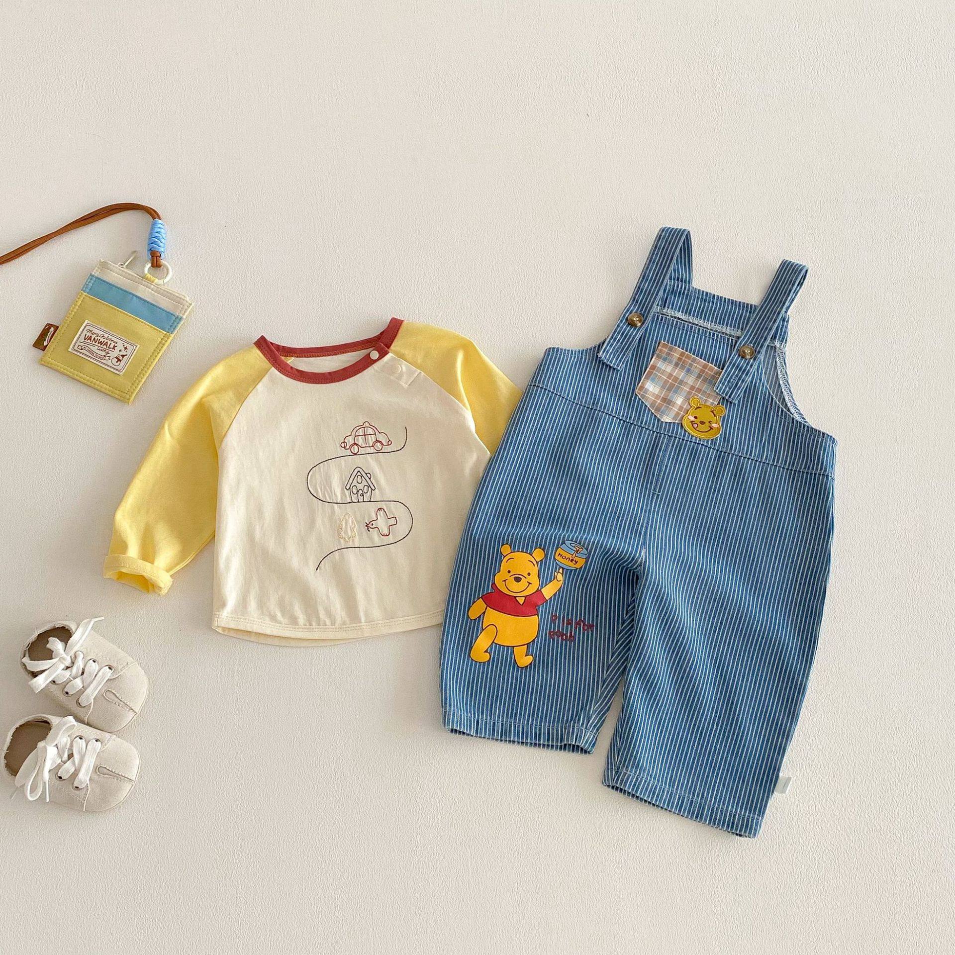 儿童卡通印花背带裤春装新款男童洋气韩版条纹休闲裤宝宝春装裤子