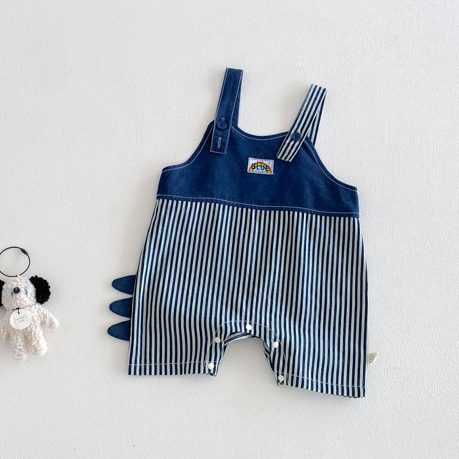 男童条纹牛仔裤新款夏季连体裤宝宝韩版恐龙短裤儿童洋气背带裤