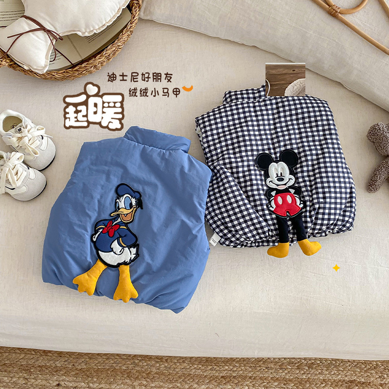 儿童加绒加厚马甲韩版冬季男童卡通米奇贴布格子棉服宝宝保暖棉衣