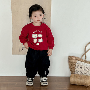 男童大红色卫衣加绒加厚宝宝冬装卡通套头衫小童保暖喜庆年服上衣