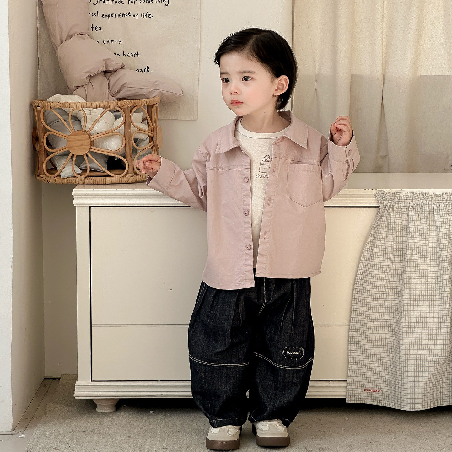 男童早春纯棉衬衣长袖简约粉色舒适衬衫儿童2026春装新款韩版上衣