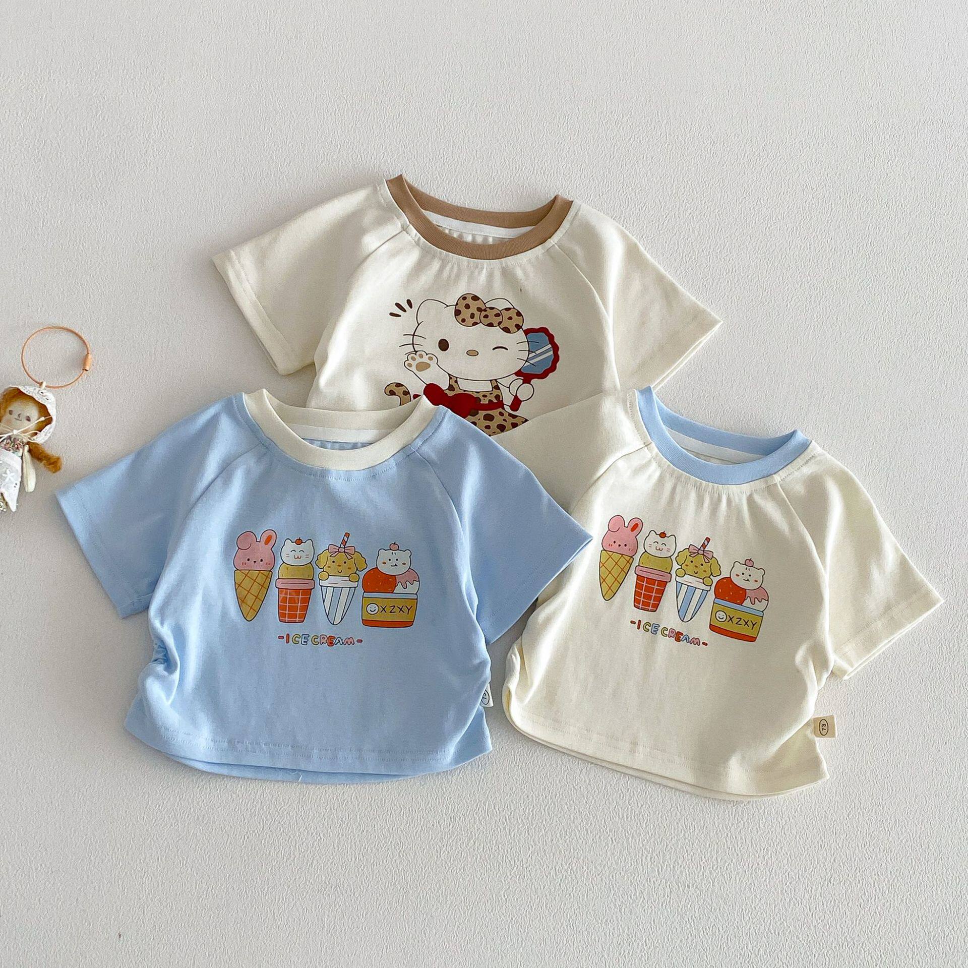 女童卡通猫咪短袖T恤2026新款夏季豹纹半袖宝宝洋气韩版收腰上衣