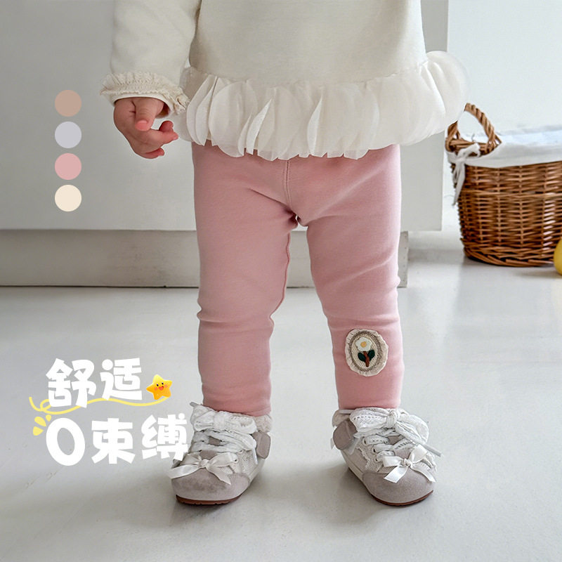 女童纯色弹力打底裤花朵贴布长裤