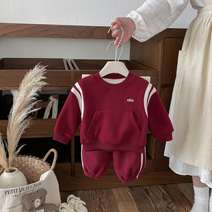 男童秋冬新款加绒加厚套装喜庆红色年服儿童卫衣卫裤运动服两件套