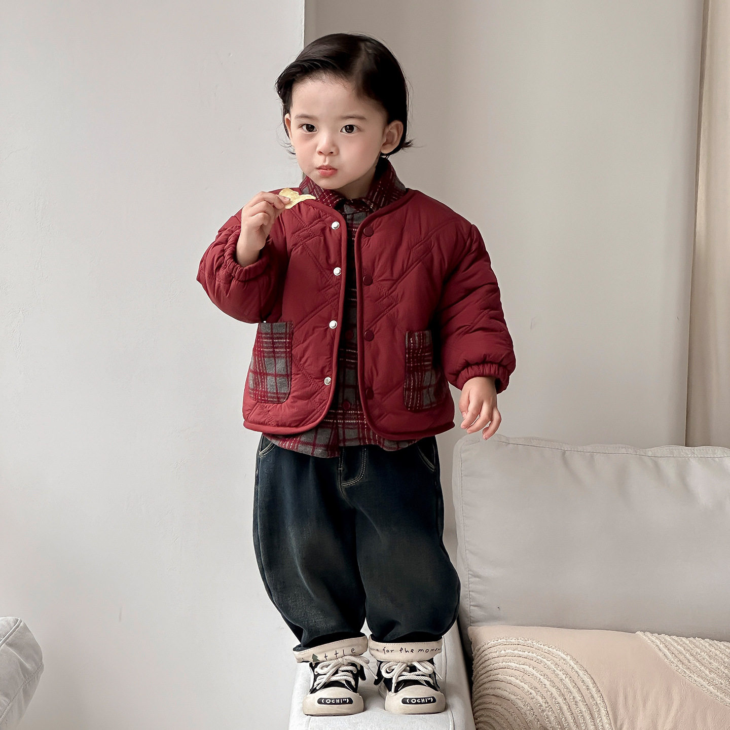 男童衬衫领棉服冬季2025新款酷帅加绒加厚棉袄男宝冬装假两件外套