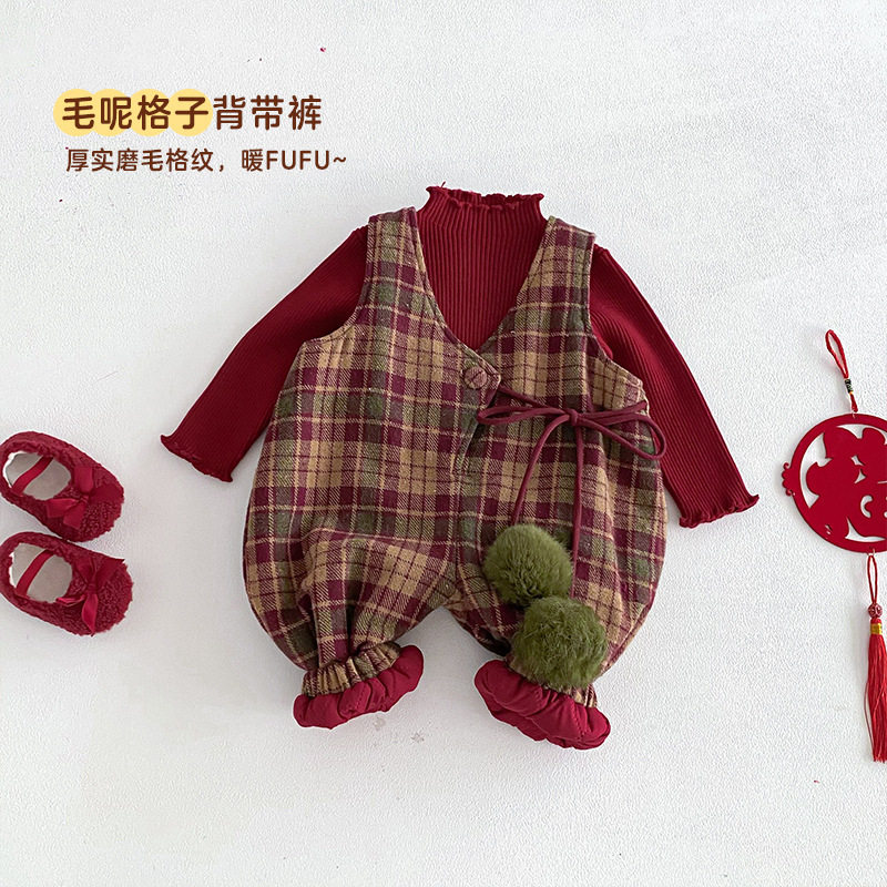 儿童格子连体裤夹棉加厚背带裤