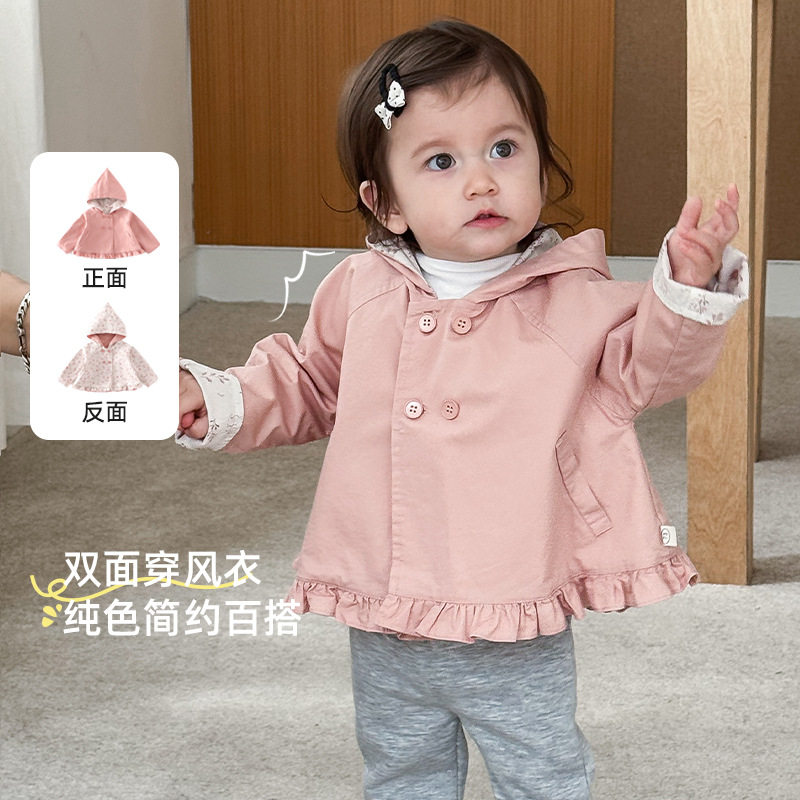女童纯棉连帽风衣洋气边花边披风