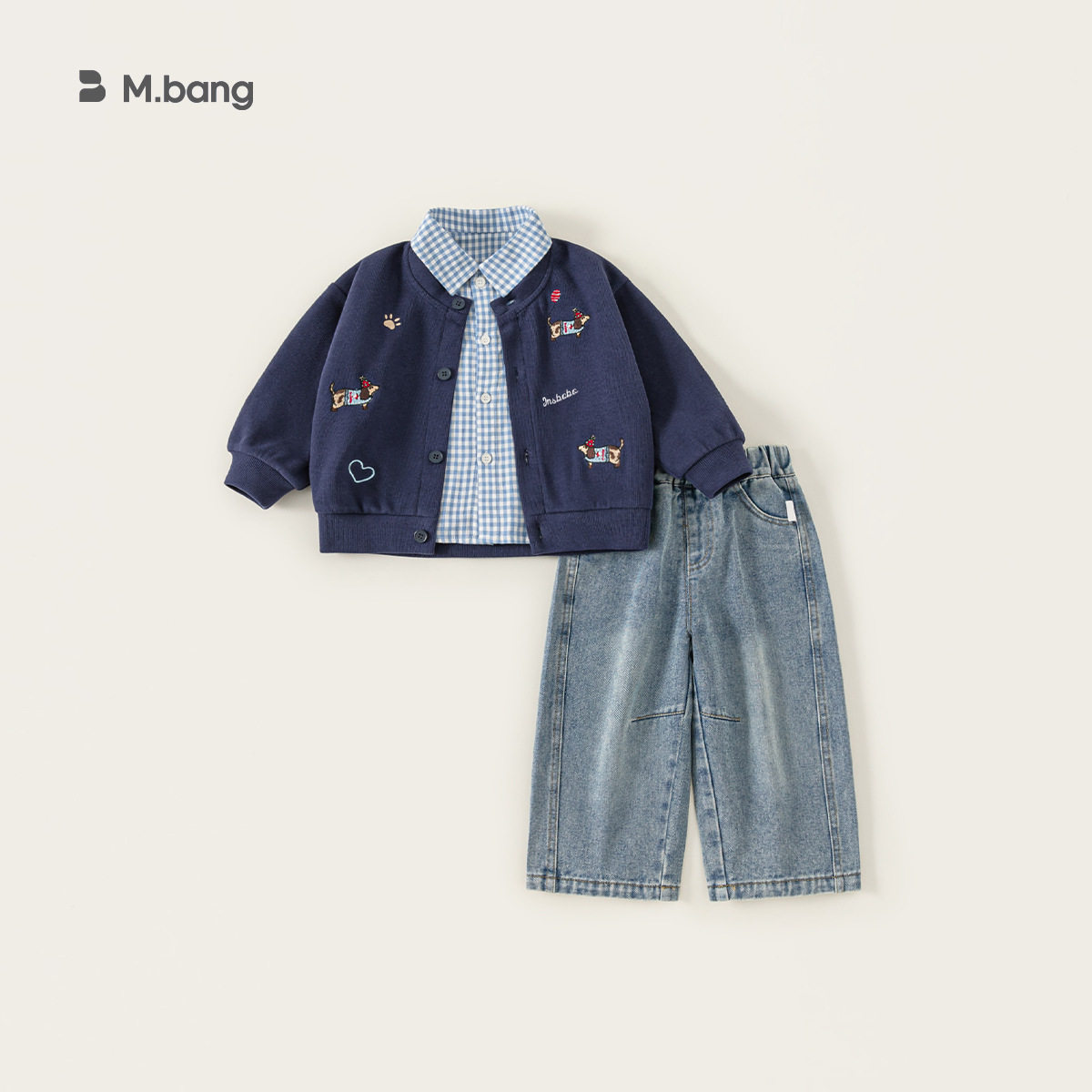 男童春装新款格子衬衫套装卡通绣花针织开衫宽松直筒牛仔裤三件套