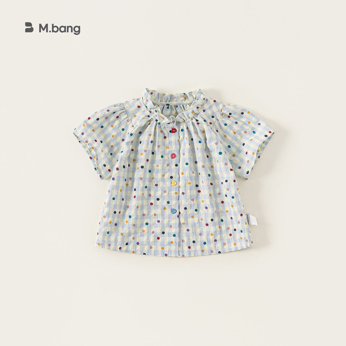 女童花边领衬衫2026夏季新品格子衬衣小童短袖彩色波点儿童上衣潮