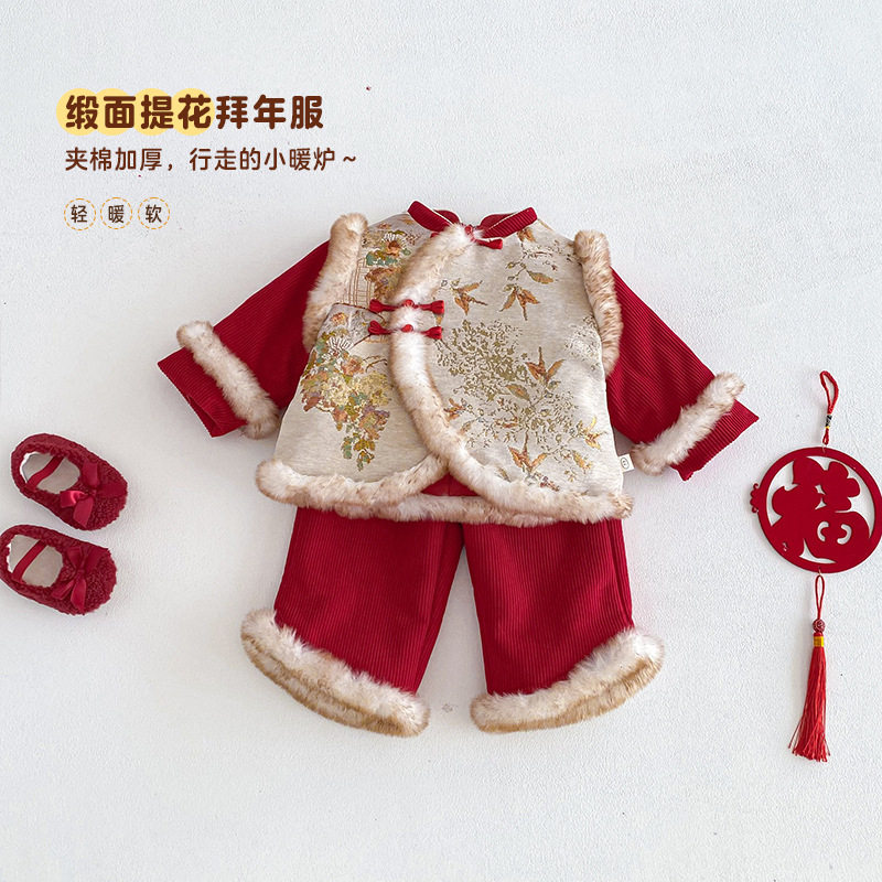 儿童假两件年服棉袄喜庆唐装外套