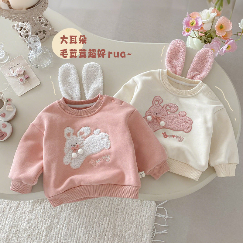 女童兔耳朵贴布卫衣加绒加厚上衣