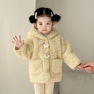 女童中长款卡通加绒外套冬装新款儿童羊羔毛大衣女孩一体绒毛毛衣