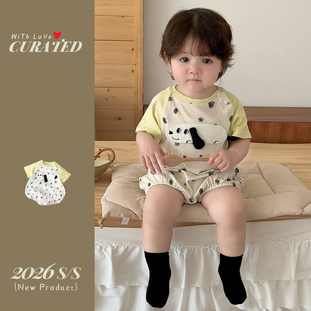 宝宝卡通贴布包屁衣夏季新款婴儿插肩袖三角哈衣男童斑点连体衣潮