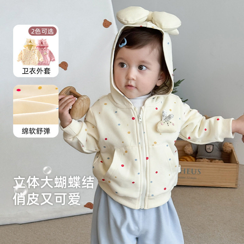 女童卡通波点外套蝴蝶结连帽上衣