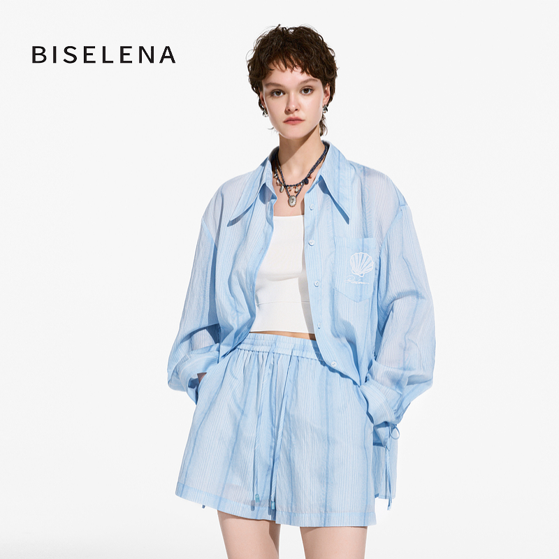 贝茜妮biselena 2025夏高知蓝色氧气感休闲衬衫长袖设计感女衬衣