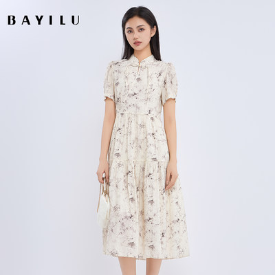 芭依璐BAYILU 2025夏季女盘扣中式连衣裙改良旗袍裙