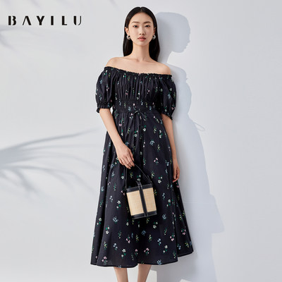 芭依璐BAYILU 25夏季新款连衣裙女碎花泡泡袖一字肩高腰显瘦长裙