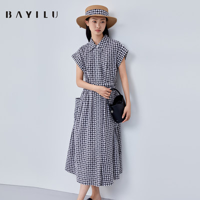 芭依璐BAYILU2025夏季新款时尚格纹收腰连衣裙9015335