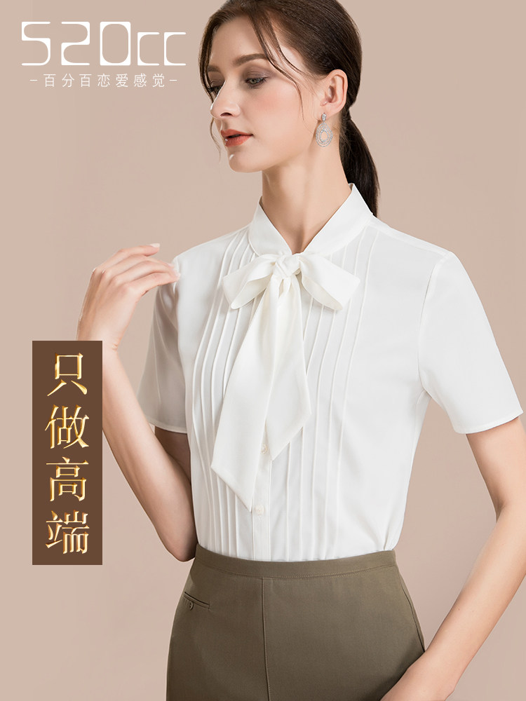 高档短袖衬衫女士春夏新款职业衬衣雪纺衫蝴蝶结立领气质通勤上衣