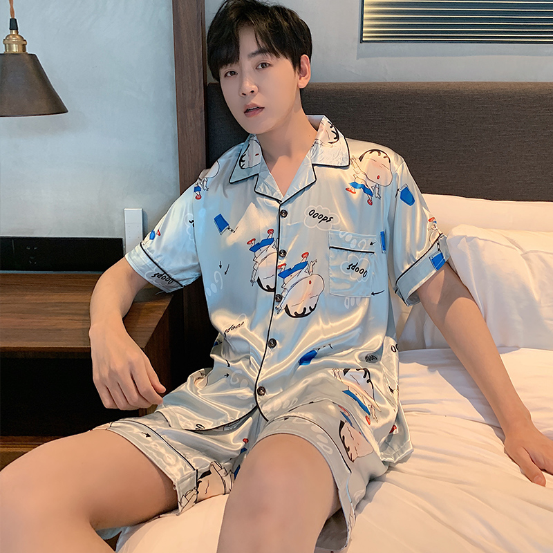 男士睡衣短袖薄款冰丝春夏季薄款夏天卡通可爱丝绸学生家居服套装