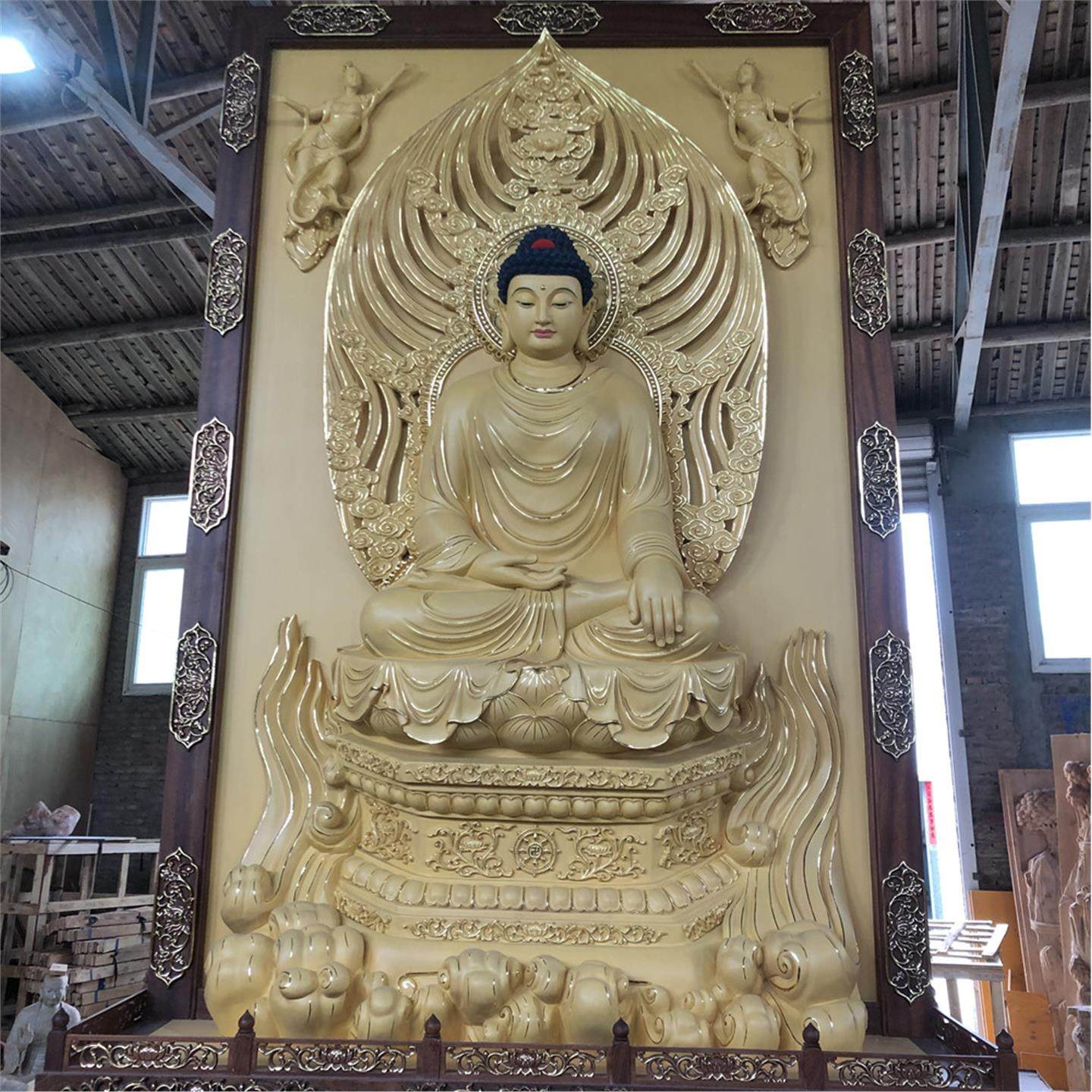 浮雕释迦牟尼佛红木框阿弥陀佛描金寺庙墙壁像药师佛三宝佛释迦佛