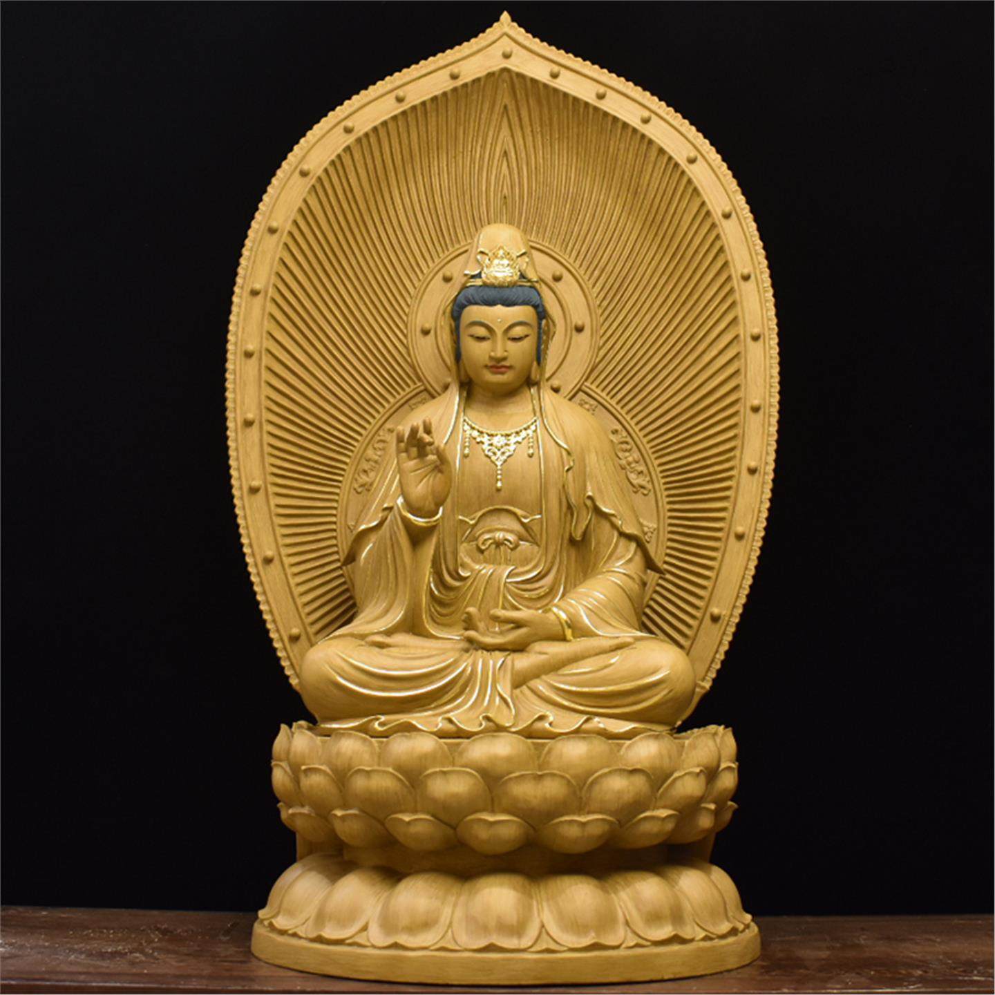 描金观音佛像木雕居家供奉摆件寺庙保平安神像南海观世音菩萨像