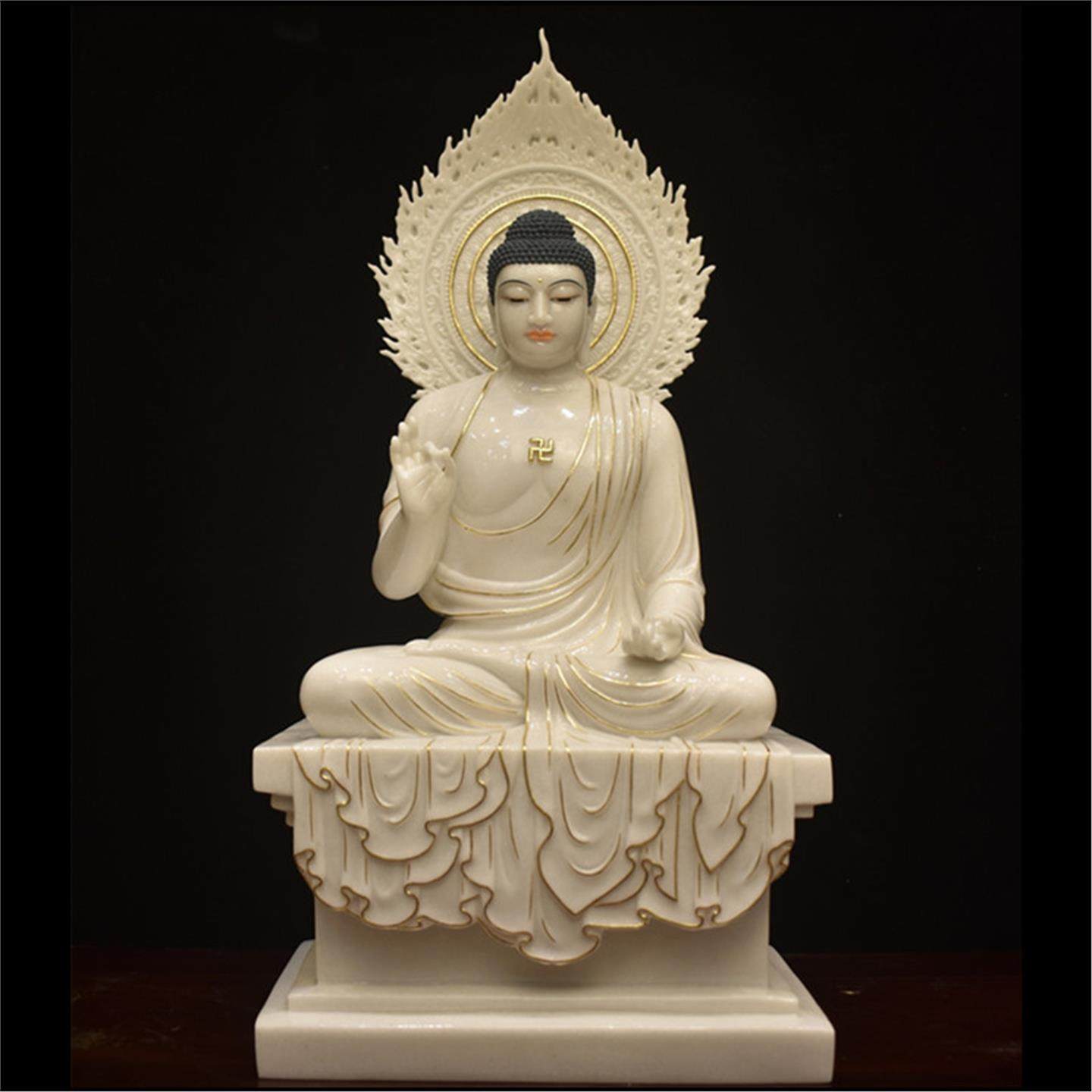 汉白玉释迦牟尼佛玉石雕药师佛彩绘南传阿弥陀佛工艺品三宝佛描金