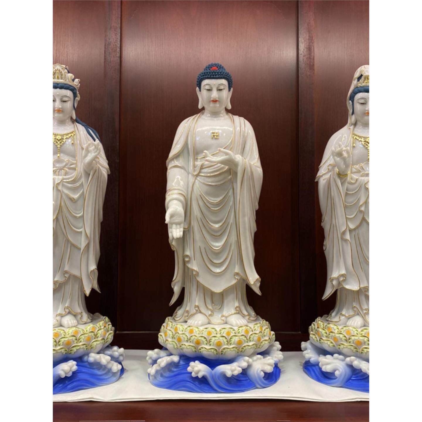 汉白玉描金西方三圣释迦牟尼佛像摆件药师大势至菩萨寺庙供奉观音