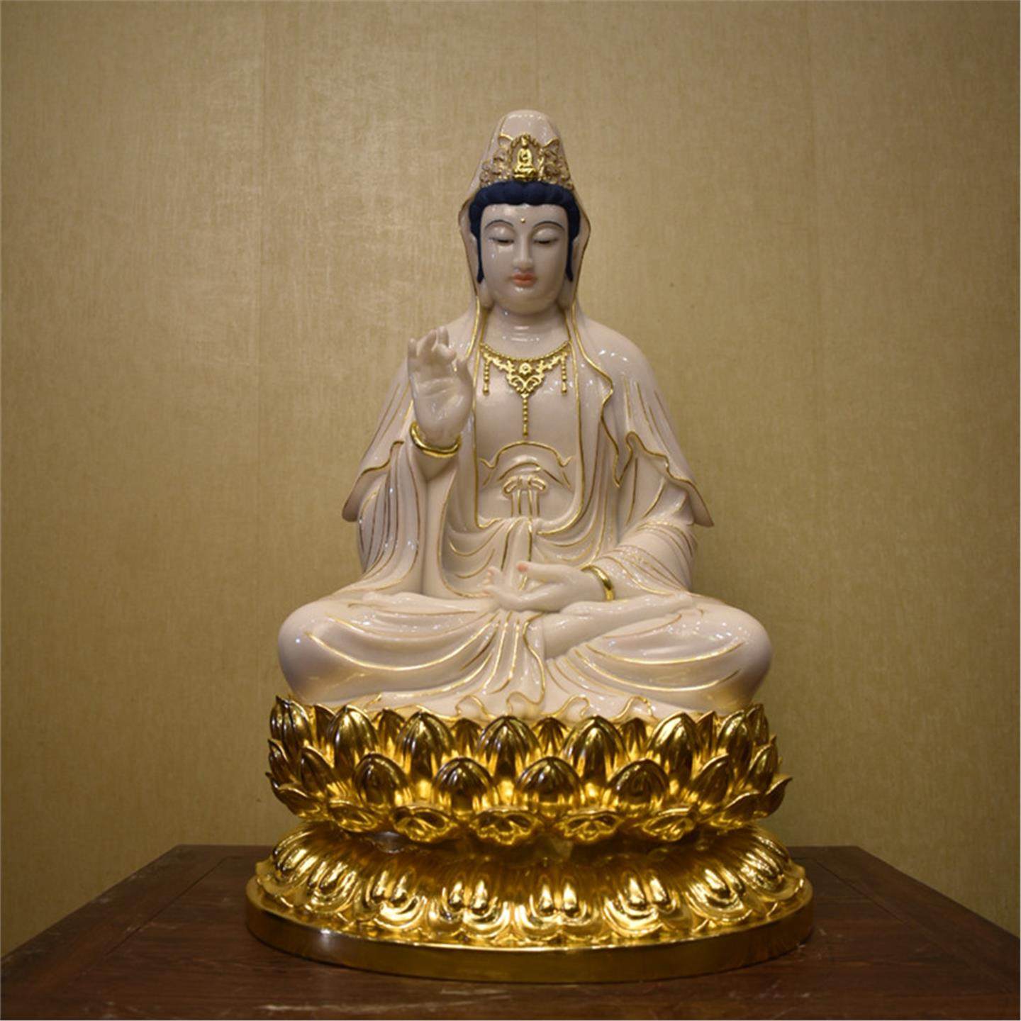 汉白玉描金观音菩萨公司居家供奉工艺品莲花贴金海南观世音佛像