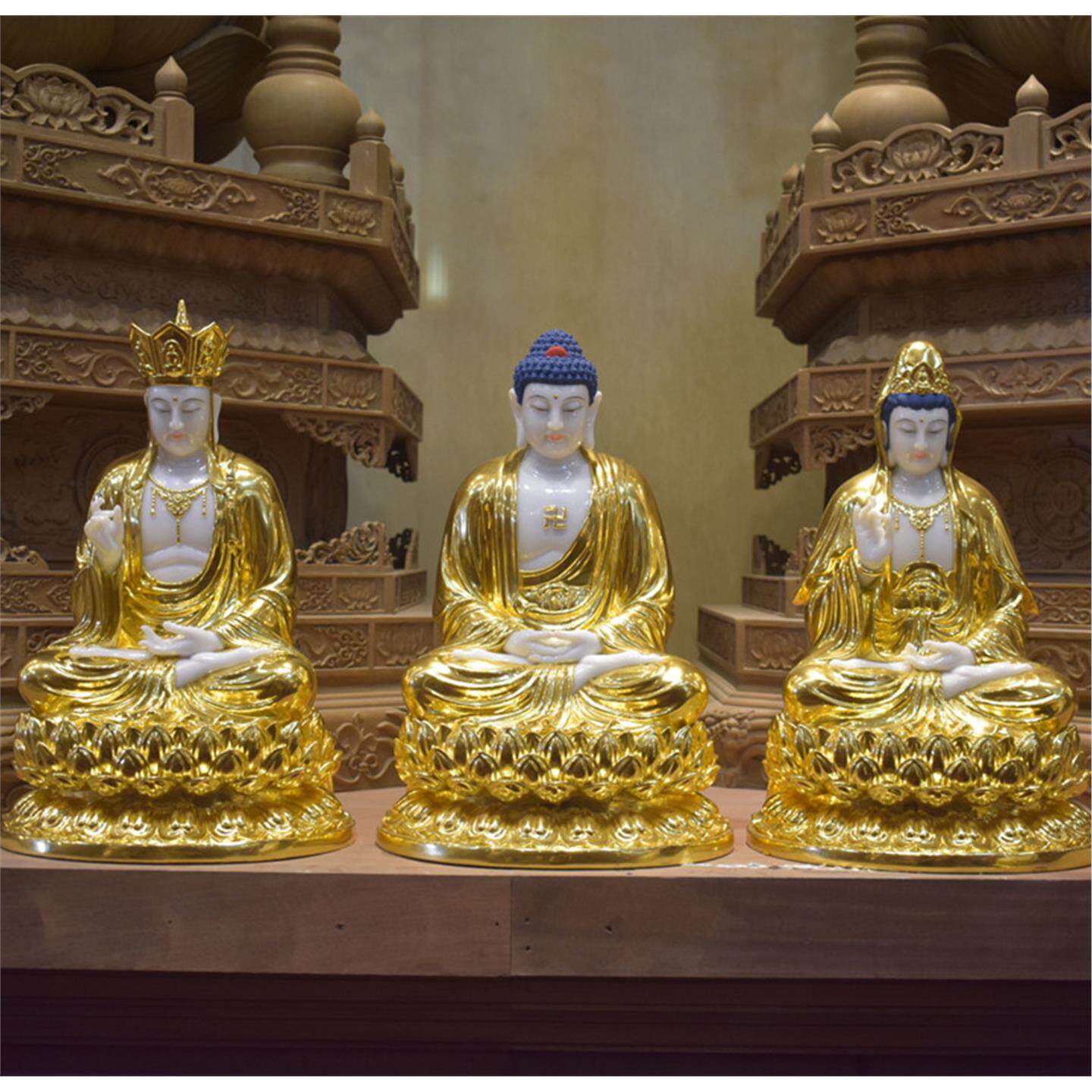 汉白玉娑婆三圣贴金佛像居家供奉保平安观音菩萨释迦牟尼佛地藏王