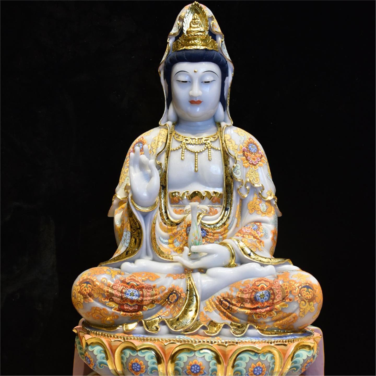 天然玉石雕刻佛像缅甸玉观音彩绘观世音菩萨供奉西方三圣观音菩萨